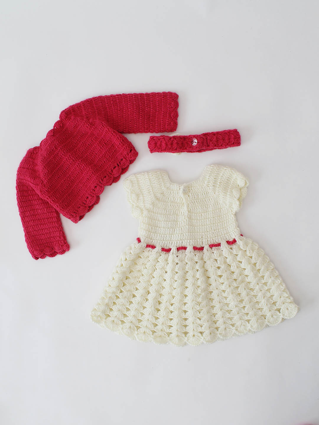 Woonie Crochet Floral Frock with Jacket and Headband - Pink