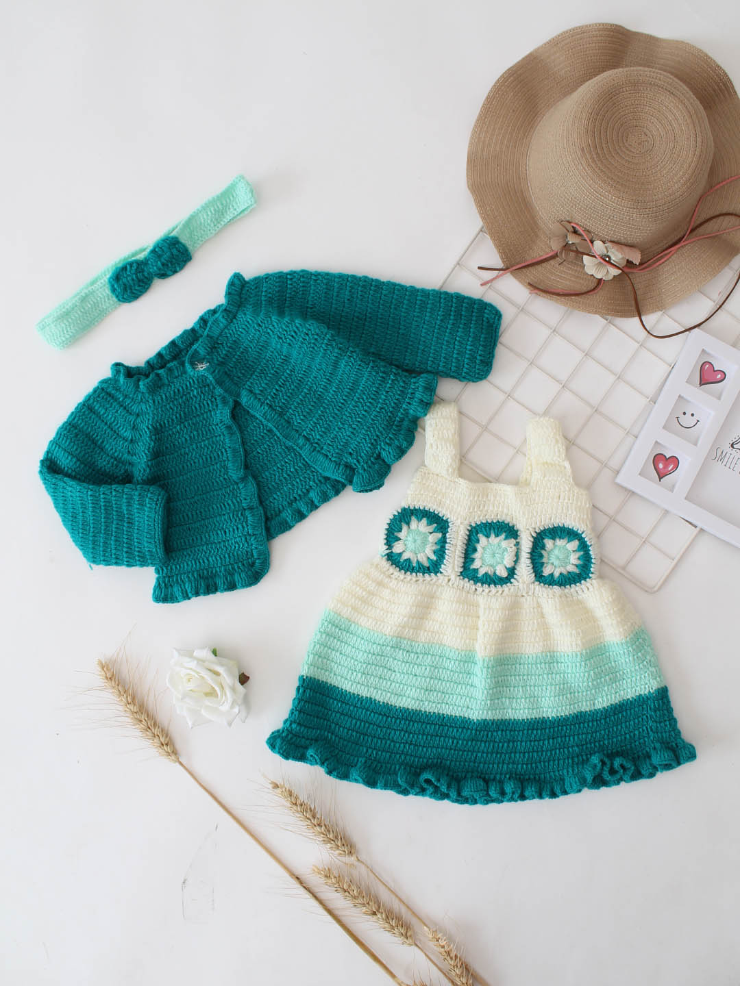 Woonie Crochet Handmade Granny Square Detailed Dress Set - Green