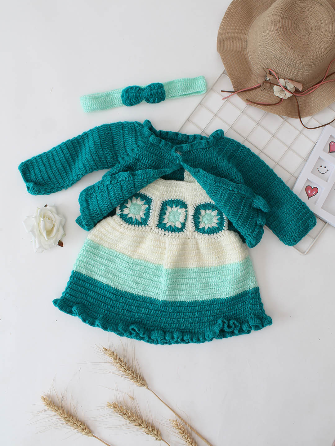 Woonie Crochet Handmade Granny Square Detailed Dress Set - Green