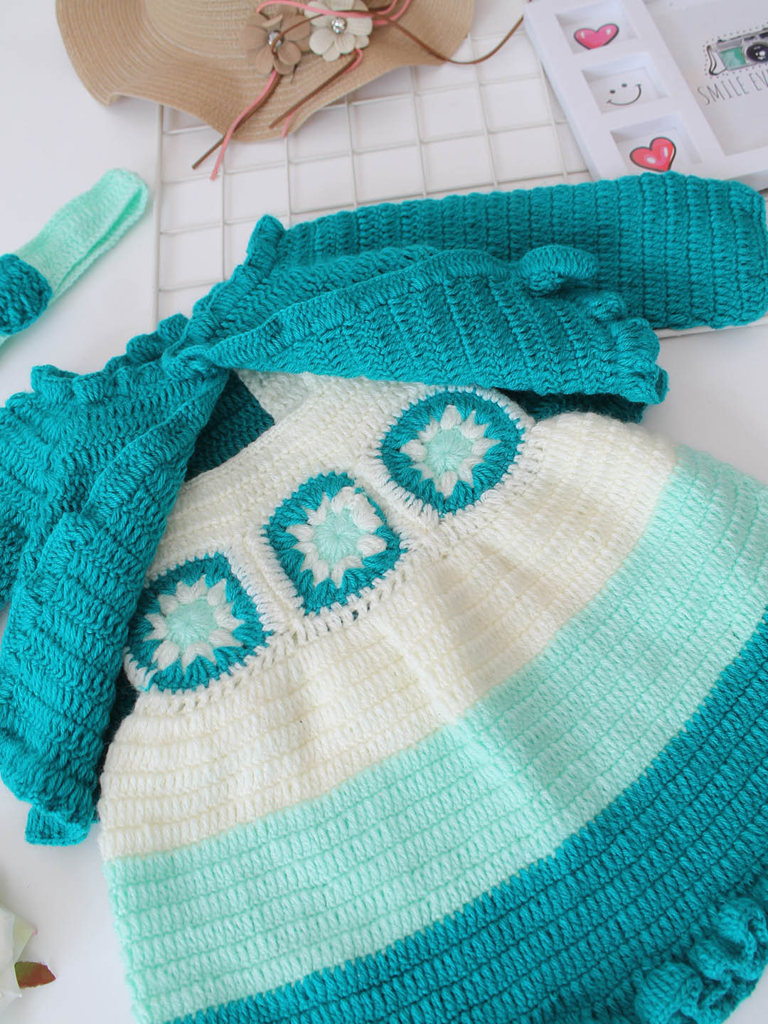 Woonie Crochet Handmade Granny Square Detailed Dress Set - Green