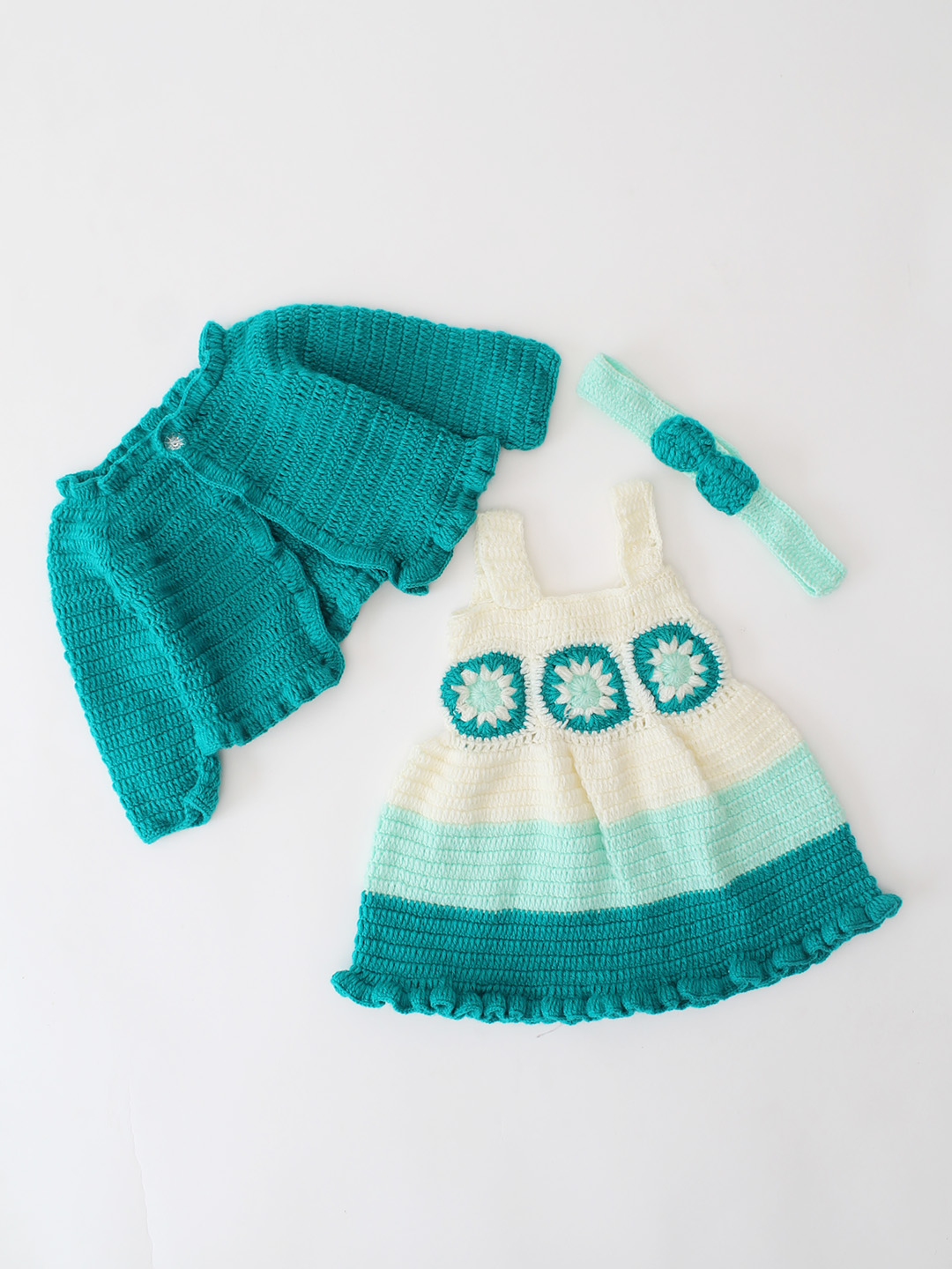 Woonie Crochet Handmade Granny Square Detailed Dress Set - Green
