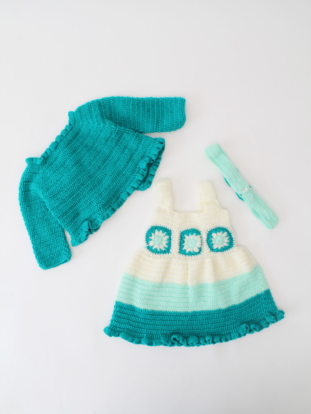 Woonie Crochet Handmade Granny Square Detailed Dress Set - Green