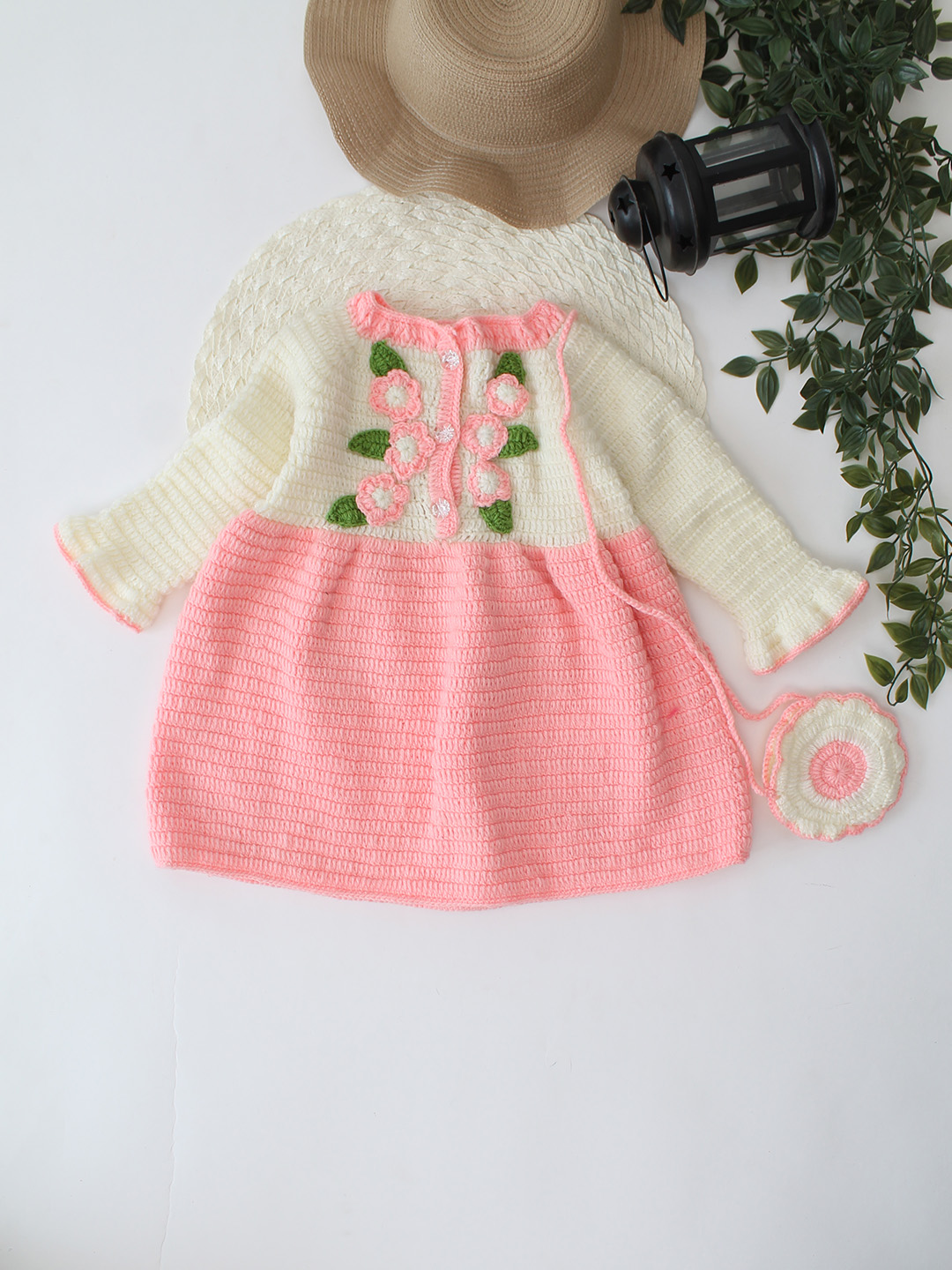 Woonie Crochet Handmade Floral Dress - Pink