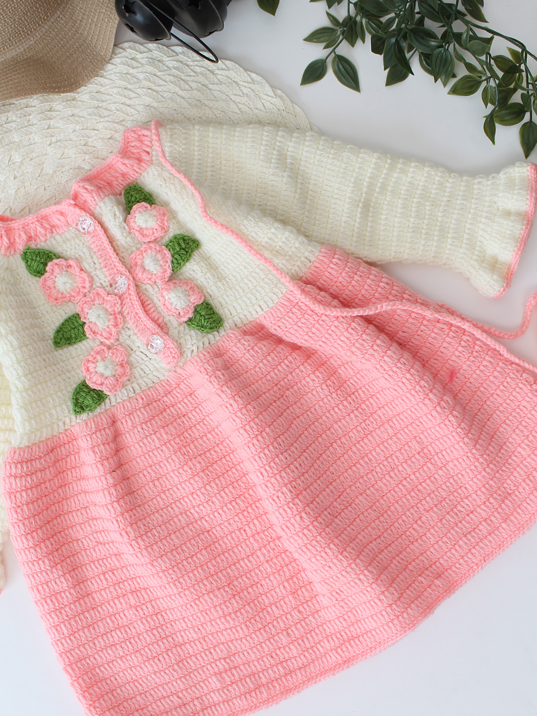 Woonie Crochet Handmade Floral Dress - Pink