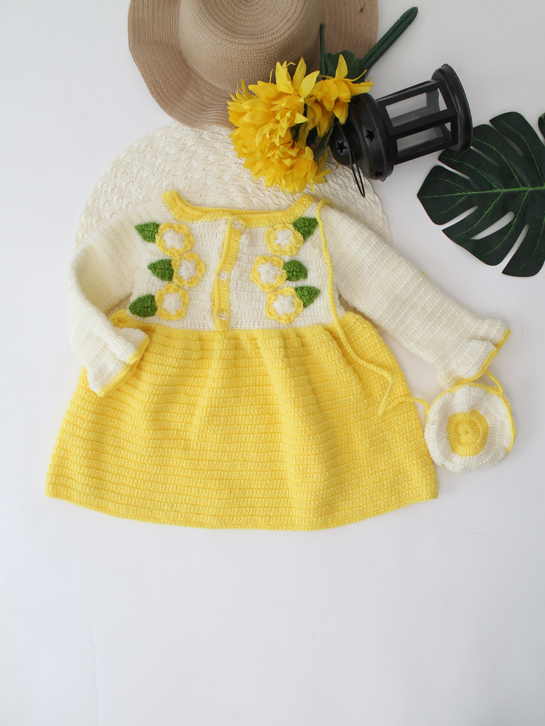 Woonie Crochet Handmade Floral Dress - Yellow