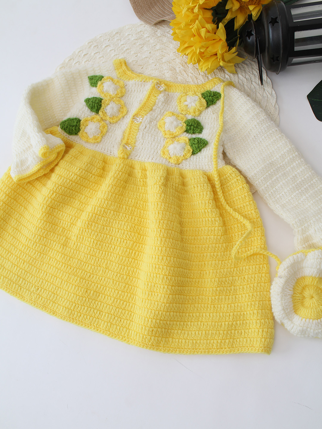 Woonie Crochet Handmade Floral Dress - Yellow