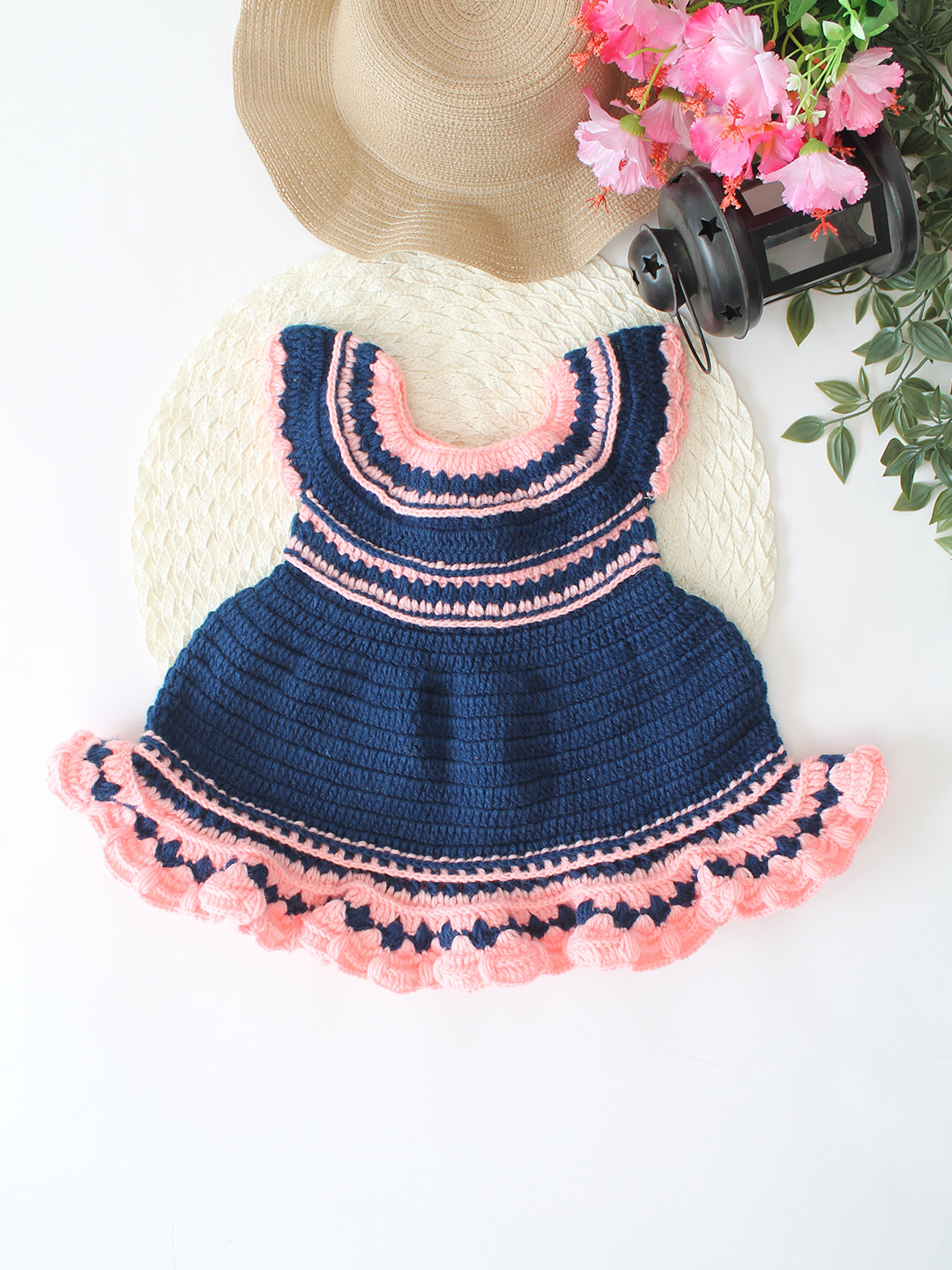 Woonie Crochet Frilled Hem Dress - Blue