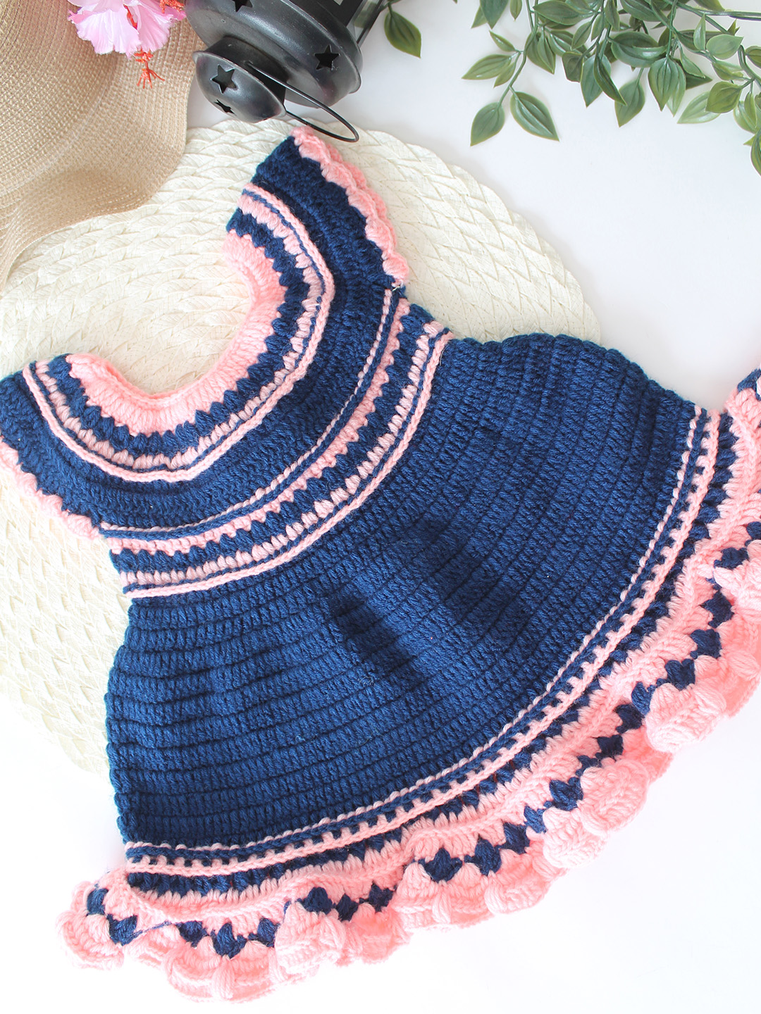 Woonie Crochet Frilled Hem Dress - Blue