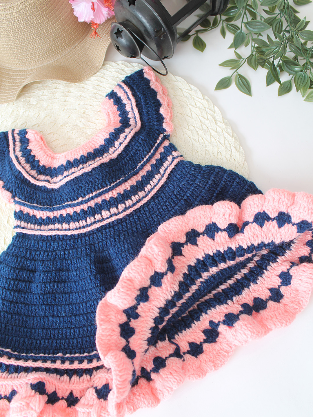 Woonie Crochet Frilled Hem Dress - Blue