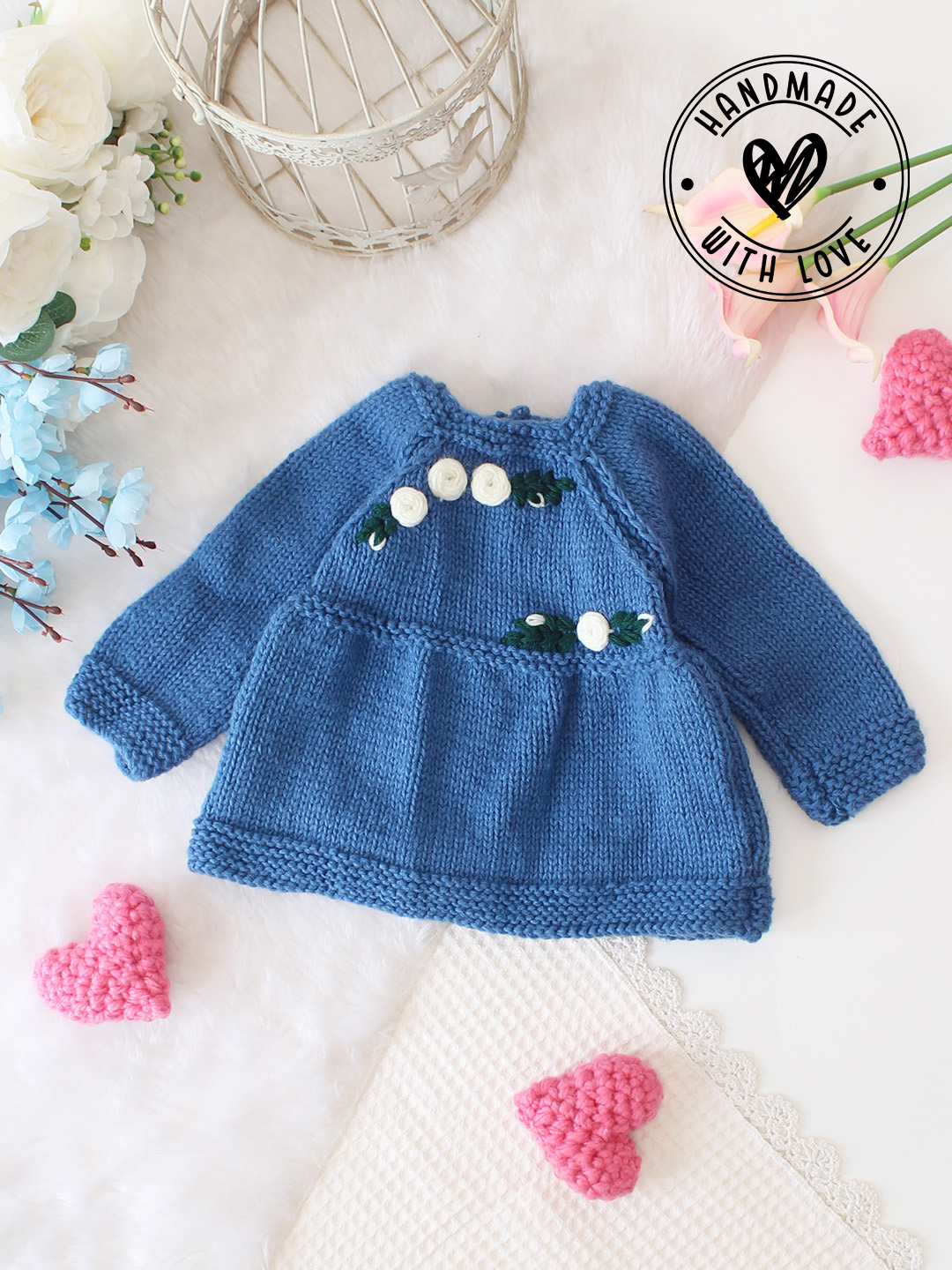 Woonie Handknitted Floral Full Sleeve Dress - Blue