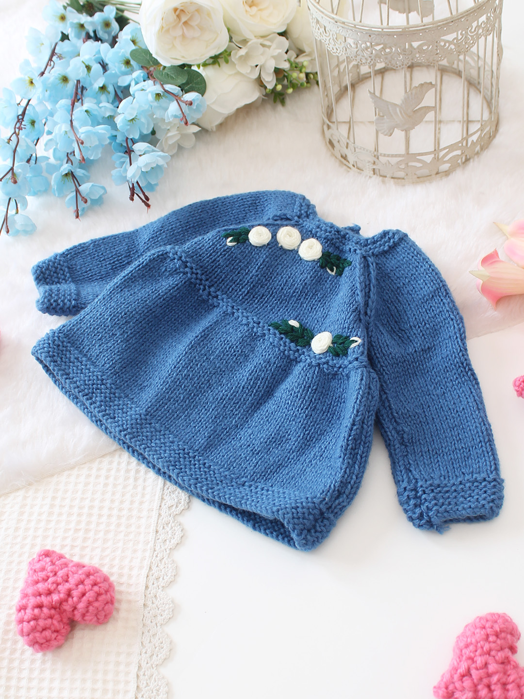 Woonie Handknitted Floral Full Sleeve Dress - Blue
