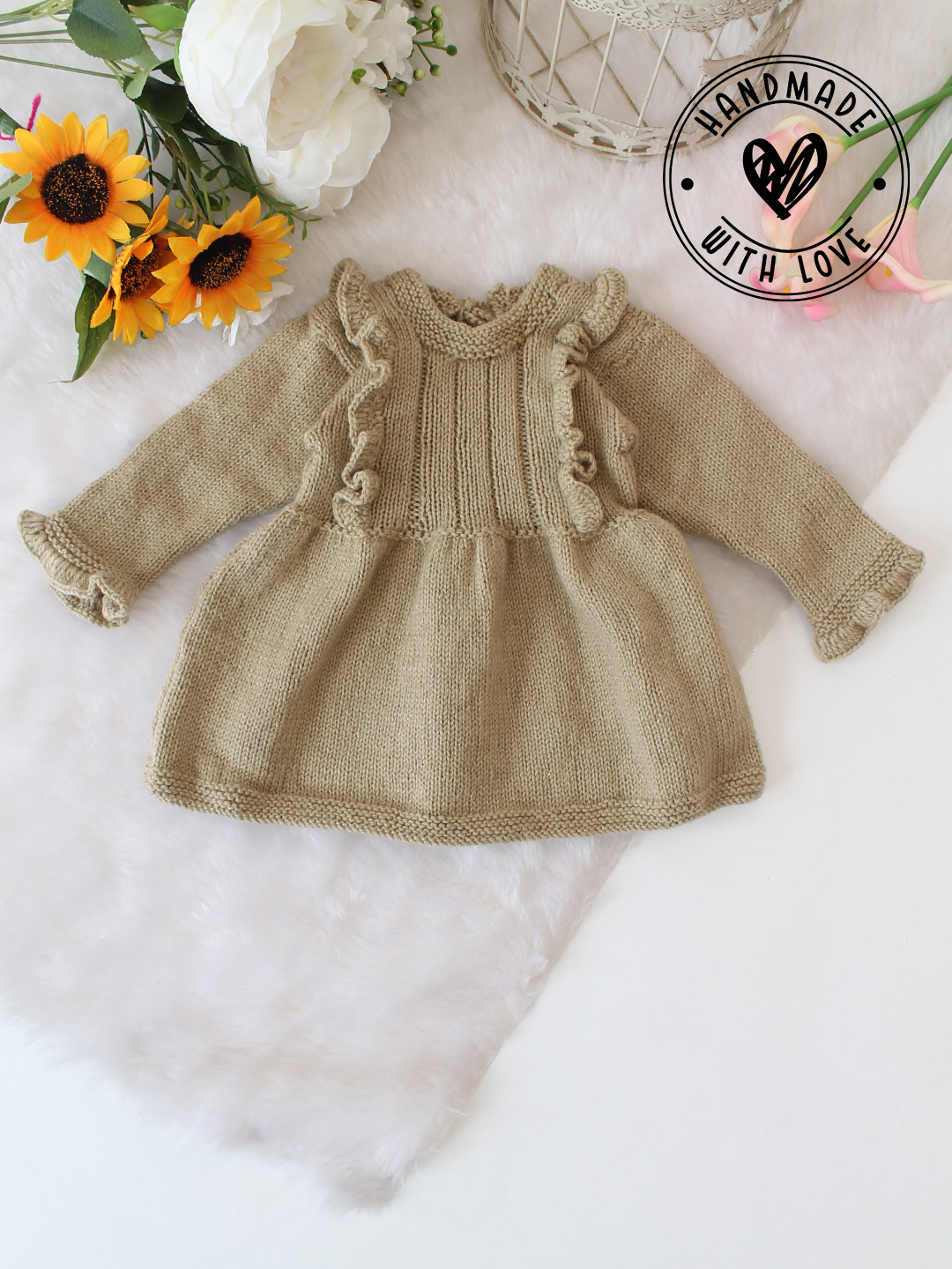 Woonie Handknitted Frill Detailed Dress - Beige