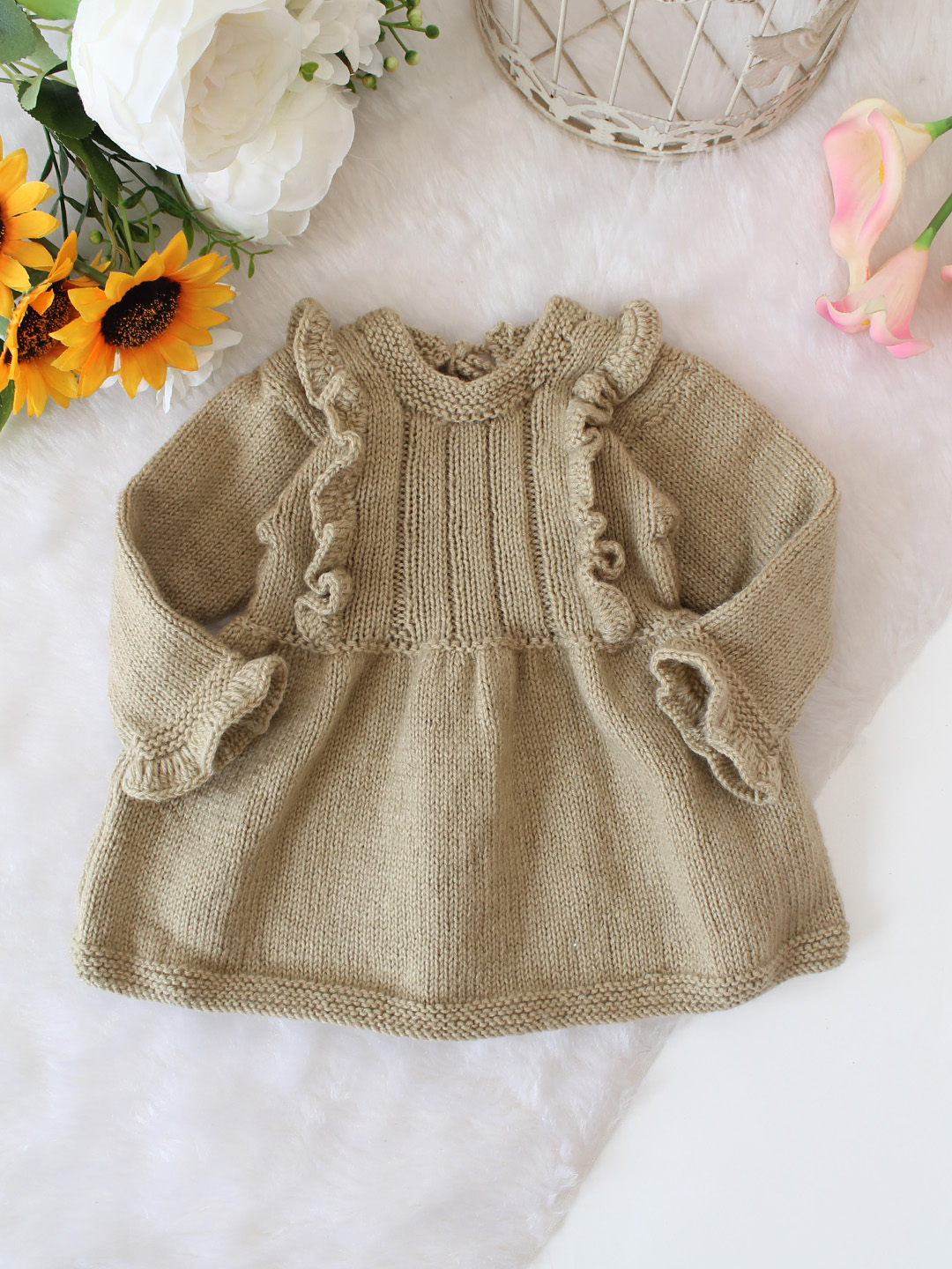 Woonie Handknitted Frill Detailed Dress - Beige