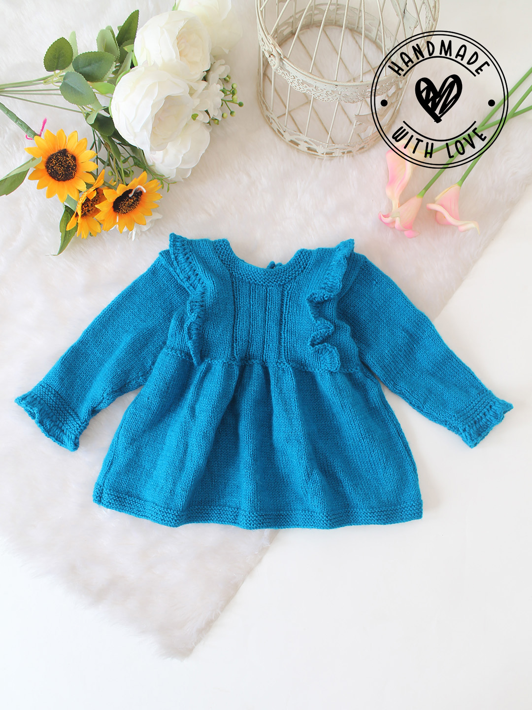 Woonie Handknitted Frill Detailed Dress - Blue