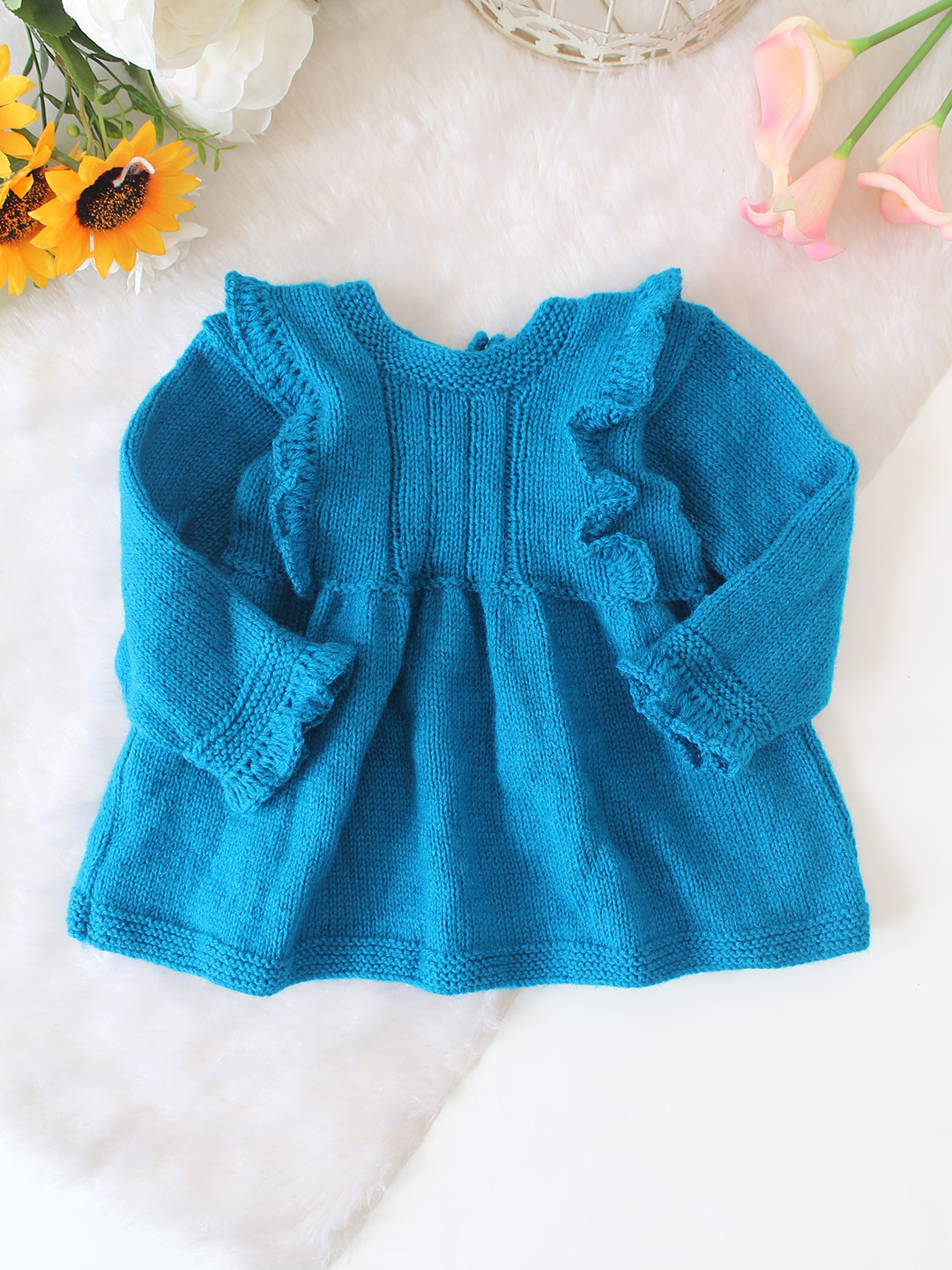 Woonie Handknitted Frill Detailed Dress - Blue