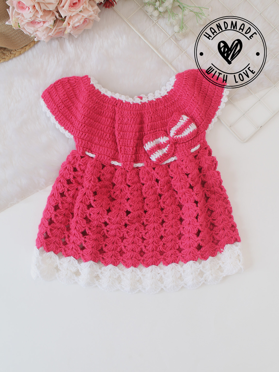 Woonie Handmade Crochet Bow Applique Detailed Frock - Pink