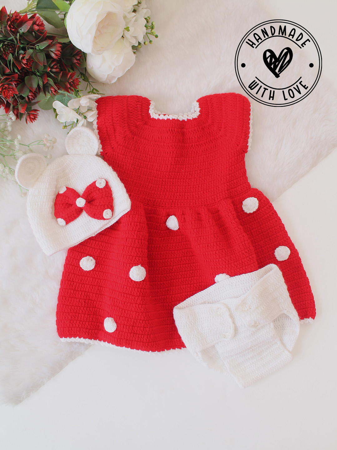 Woonie Handmade Crochet Frock Set - Red