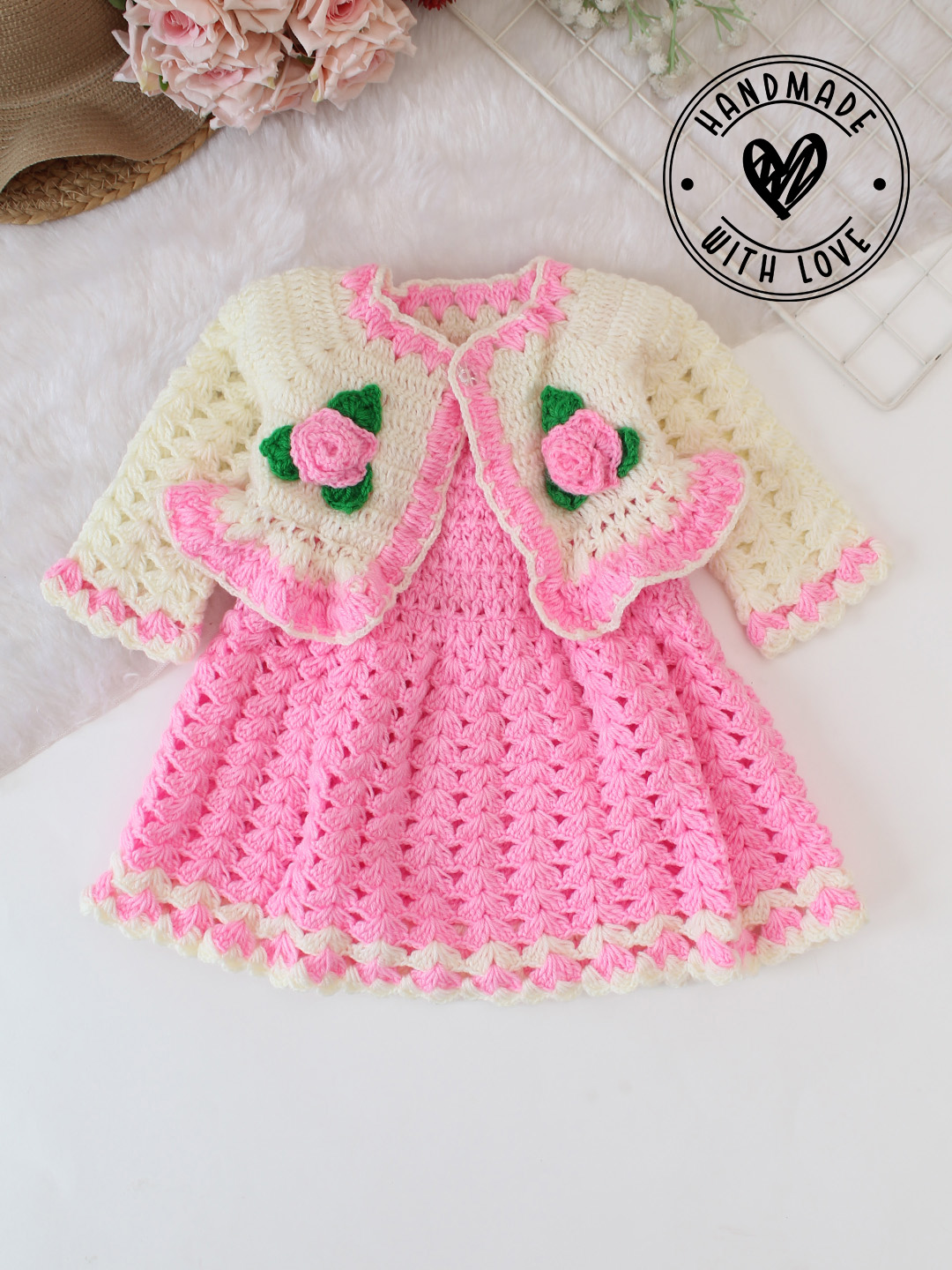 Woonie Handmade Crochet Floral Frock with Shrug Set - Pink
