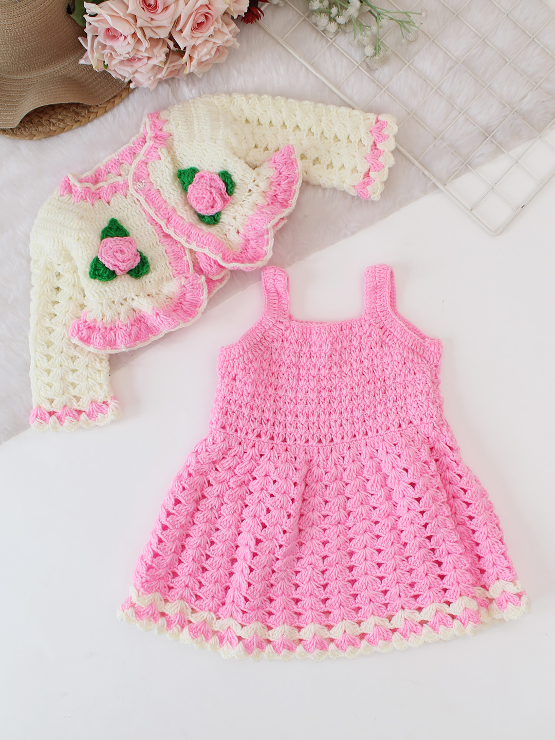 Woonie Handmade Crochet Floral Frock with Shrug Set - Pink