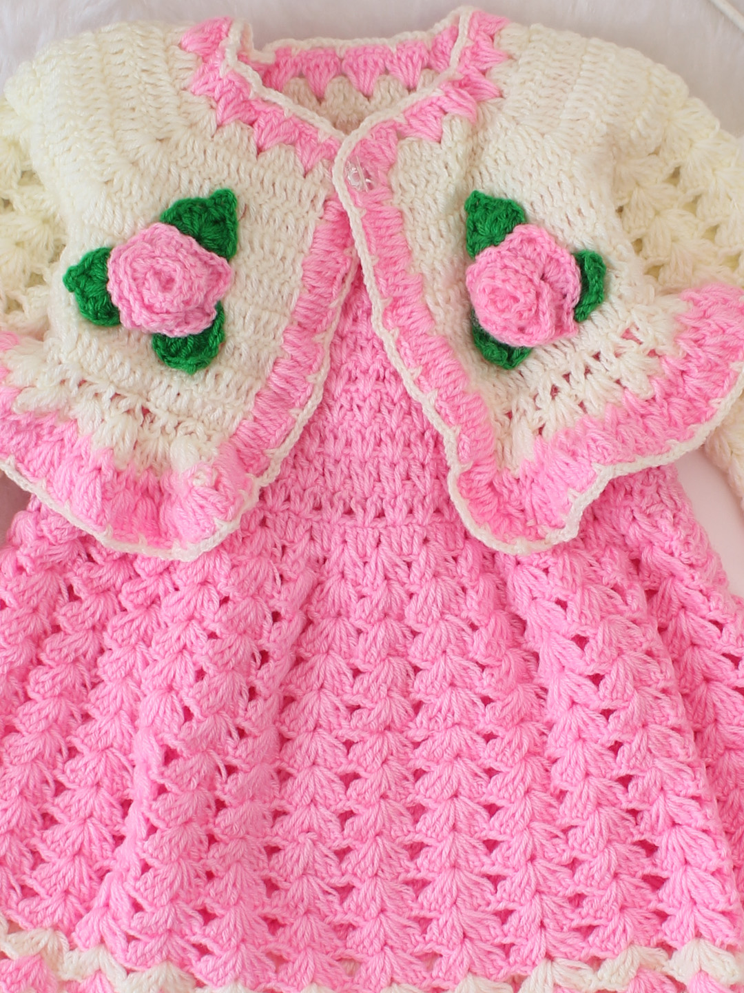 Woonie Handmade Crochet Floral Frock with Shrug Set - Pink