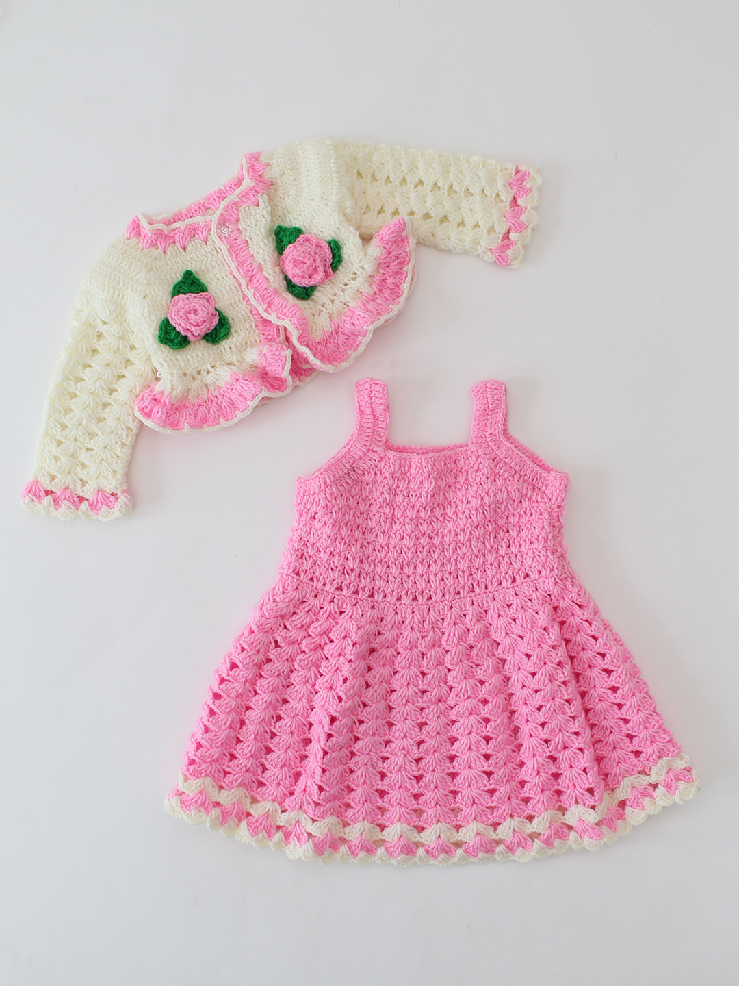 Woonie Handmade Crochet Floral Frock with Shrug Set - Pink