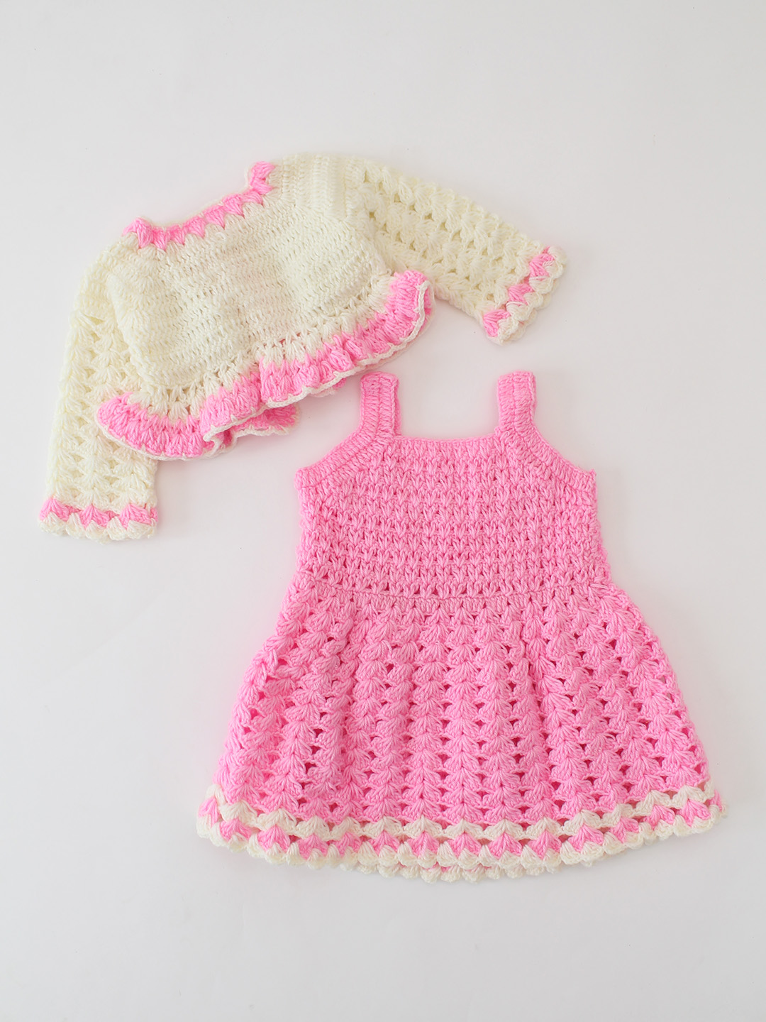 Woonie Handmade Crochet Floral Frock with Shrug Set - Pink