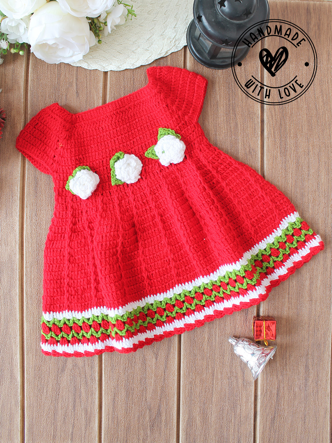 Woonie Handmade Crochet Tulip Floral Frock - Red