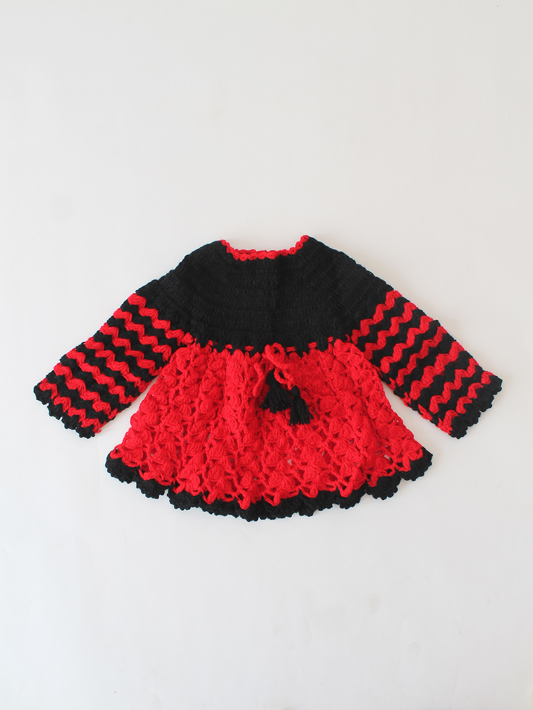 Woonie Handmade Crochet Striped Sleeve Frock - Red