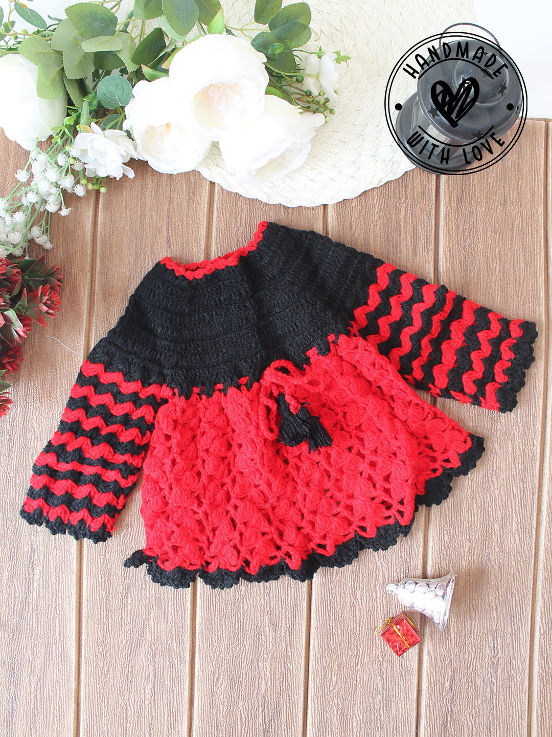 Woonie Handmade Crochet Striped Sleeve Frock - Red