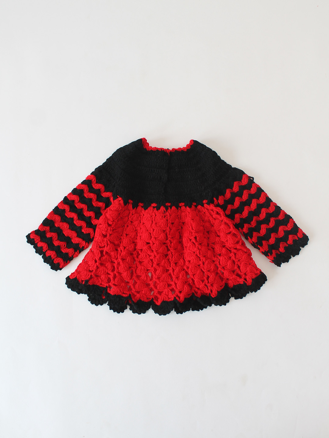 Woonie Handmade Crochet Striped Sleeve Frock - Red