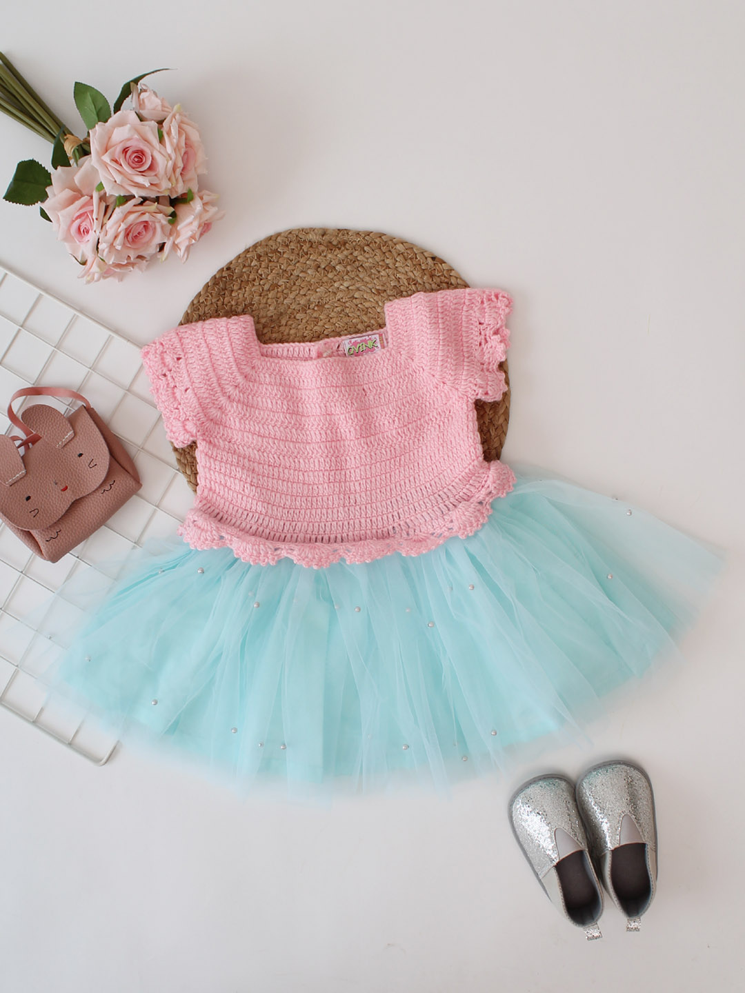 Pearl Embellished Crochet Tutu Dress - Pink