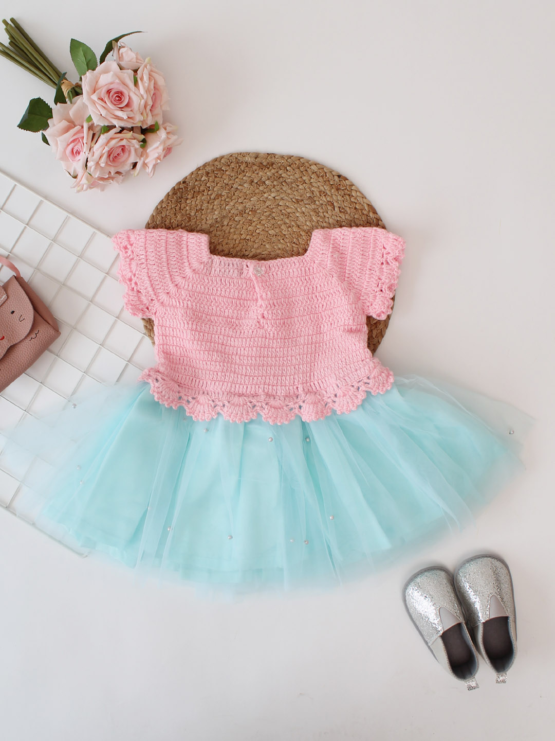Pearl Embellished Crochet Tutu Dress - Pink