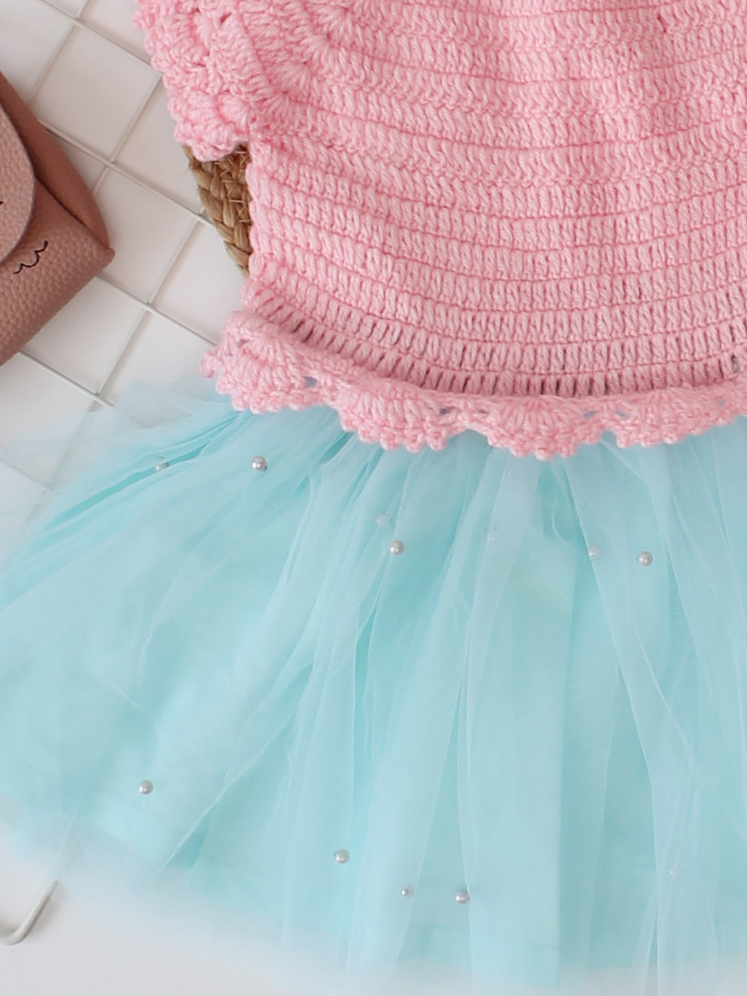 Pearl Embellished Crochet Tutu Dress - Pink