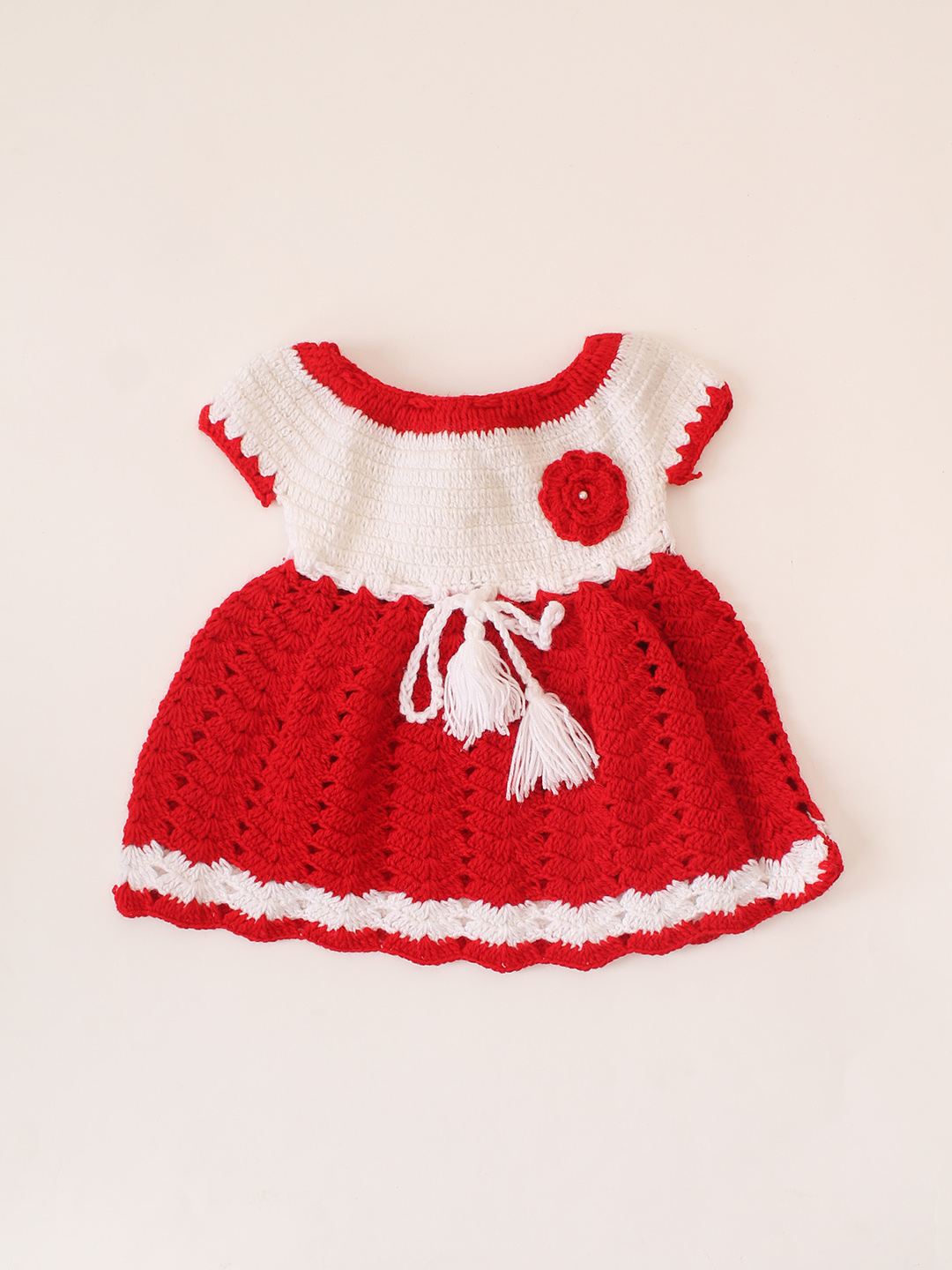 Half Sleeves Floral Crochet Dress - Red