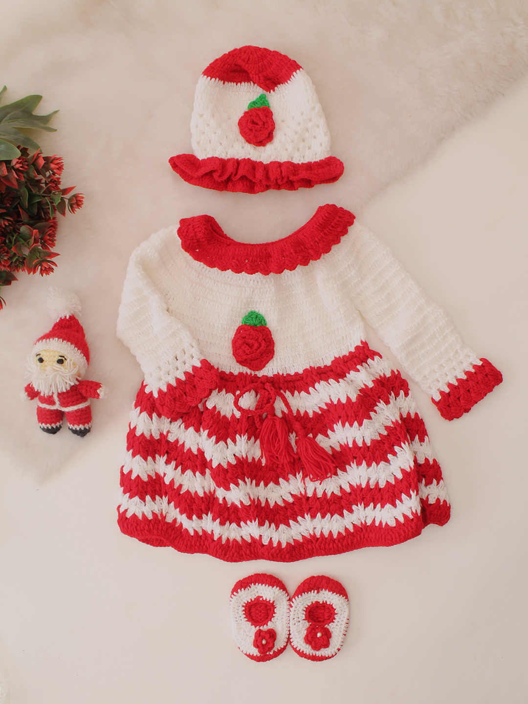Christmas Theme Crochet Dress Cap & Booties Set - Red