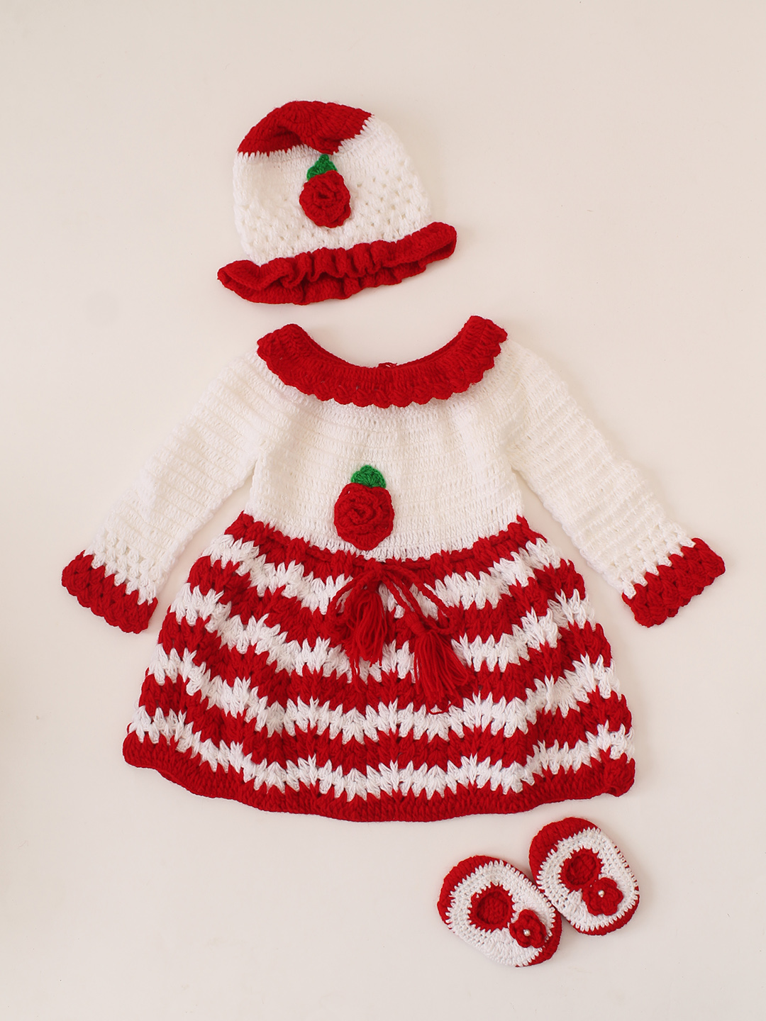 Christmas Theme Crochet Dress Cap & Booties Set - Red