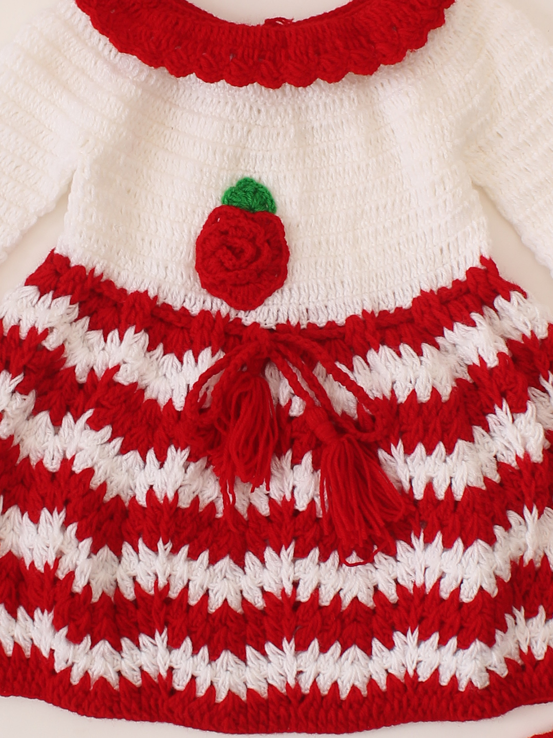 Christmas Theme Crochet Dress Cap & Booties Set - Red