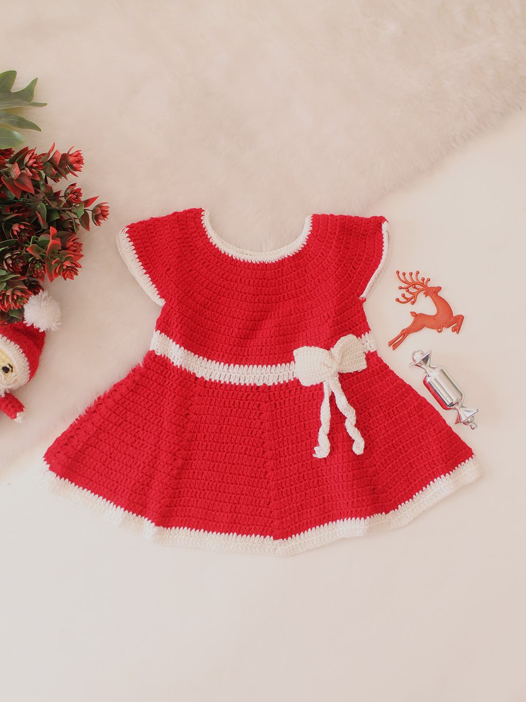 Christmas Bow Designed Crochet Dress - Red
