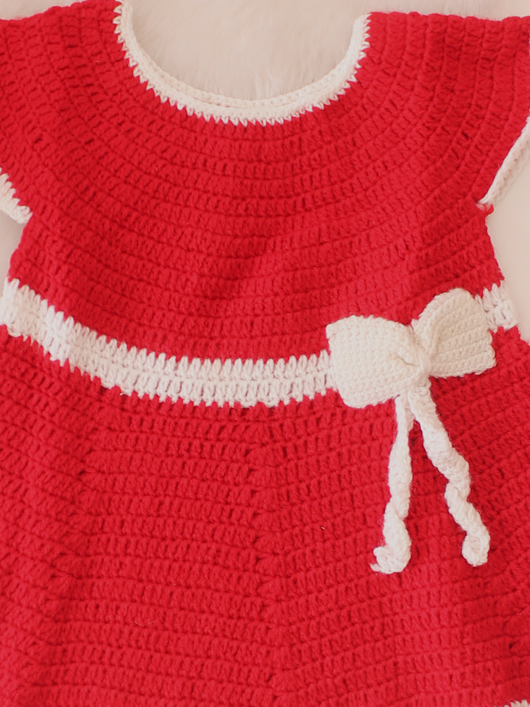 Christmas Bow Designed Crochet Dress - Red
