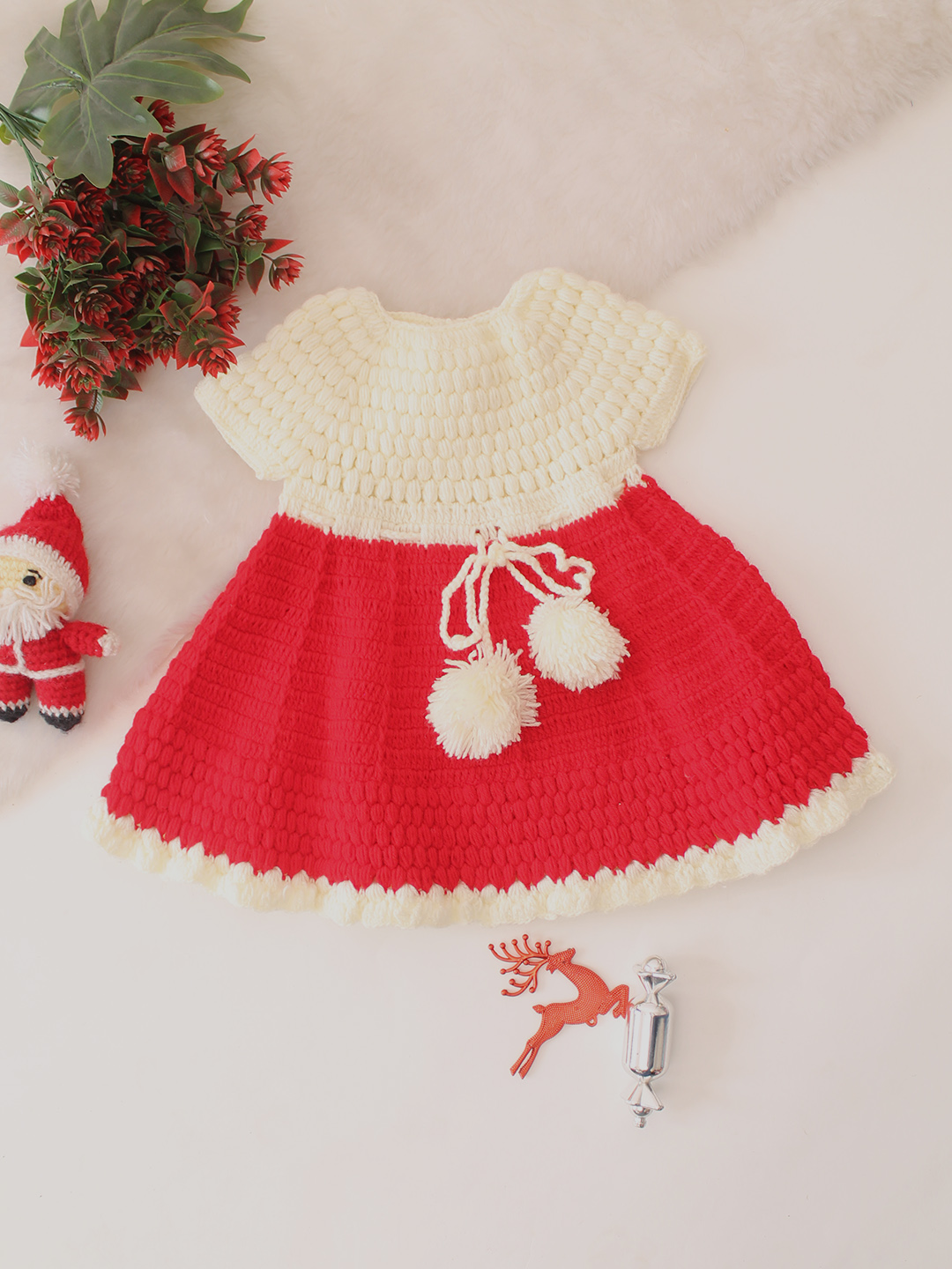 Christmas Theme Hand Knitted Crochet Dress - Red
