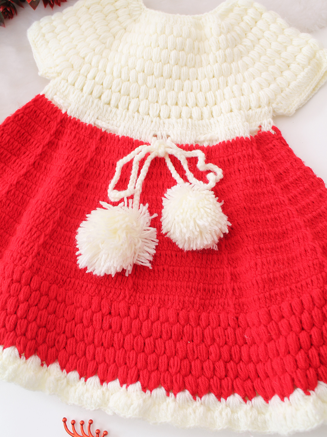 Christmas Theme Hand Knitted Crochet Dress - Red