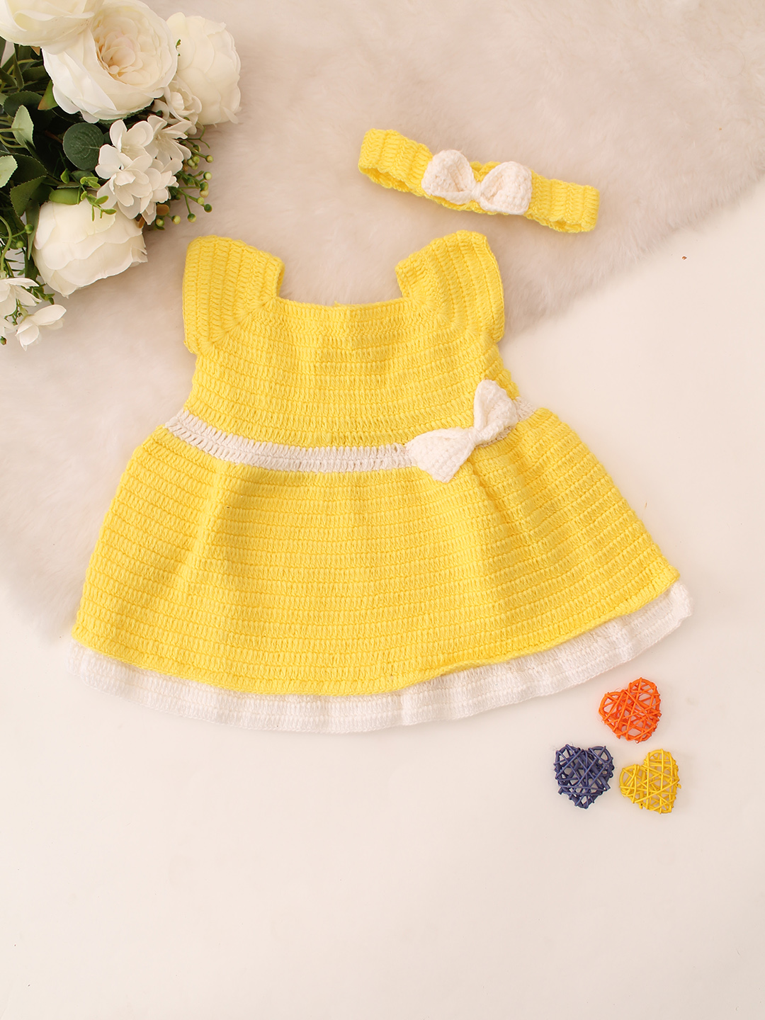 Hand Knitted Short Sleeves Bow Dress With Headband - Yellow
