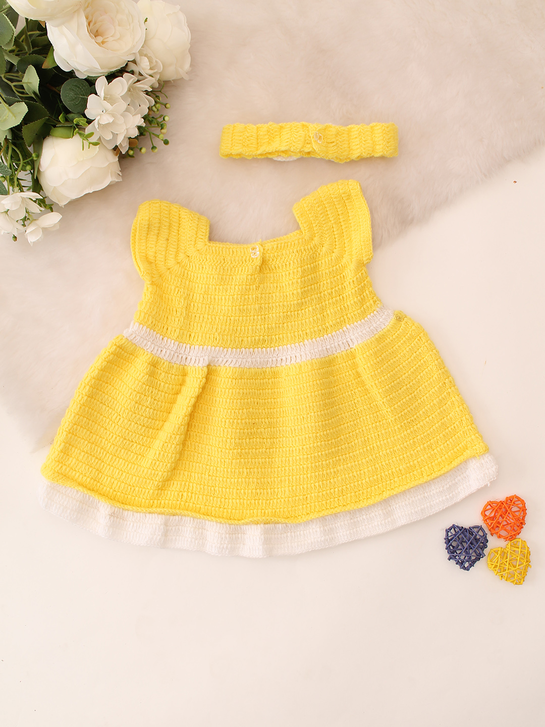 Hand Knitted Short Sleeves Bow Dress With Headband - Yellow
