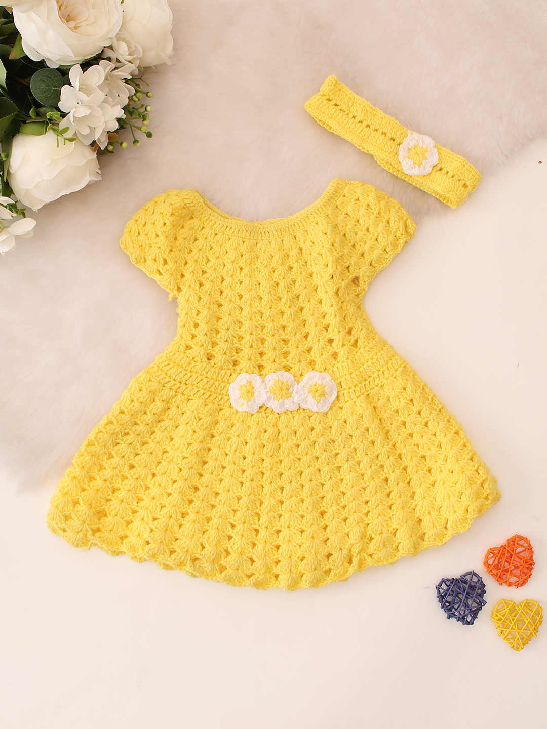 Hand Knitted Short Sleeves Floral Embroidered Crochet Dress With Headband - Yellow