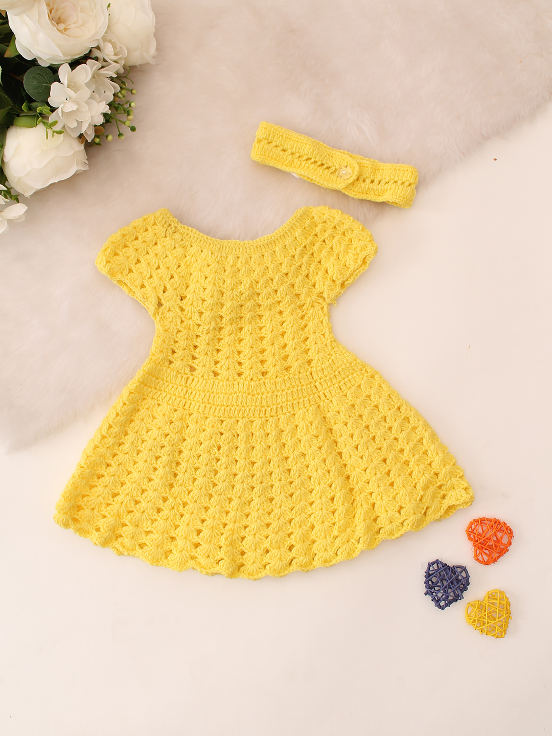Hand Knitted Short Sleeves Floral Embroidered Crochet Dress With Headband - Yellow