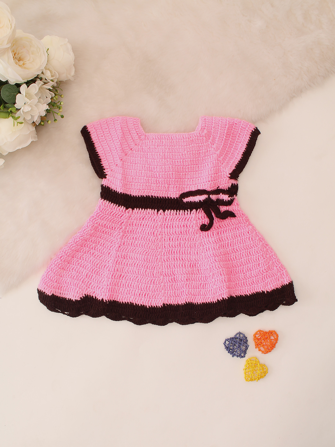 Hand Knitted Short Sleeves Bow Dress - Pink