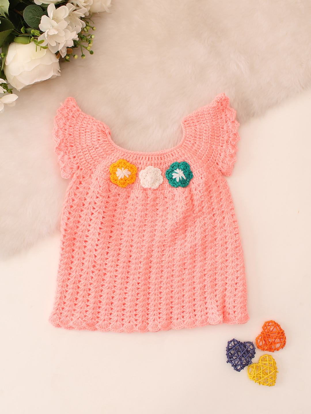 Cap Sleeves Floral Crochet Dress - Peach