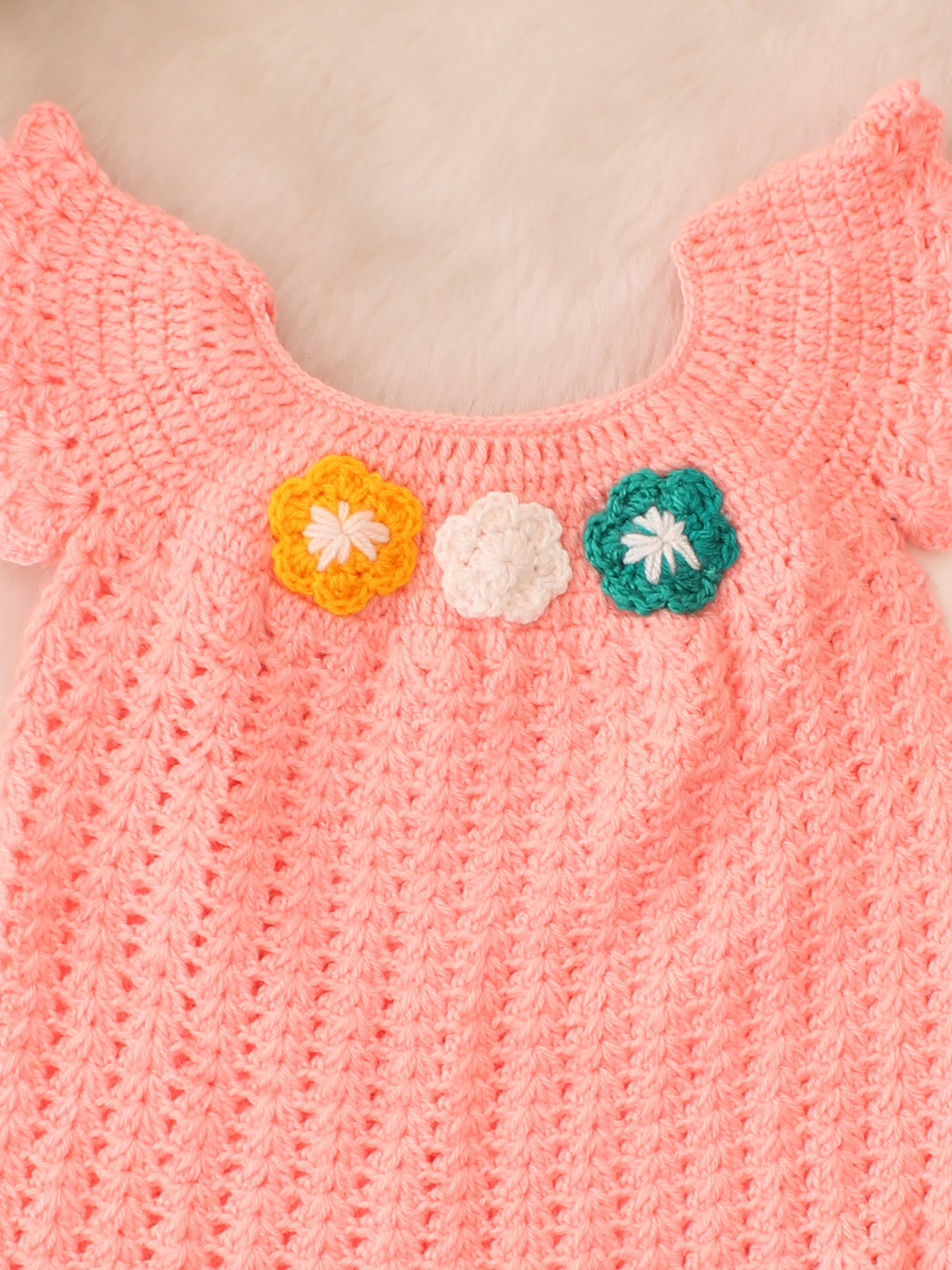 Cap Sleeves Floral Crochet Dress - Peach