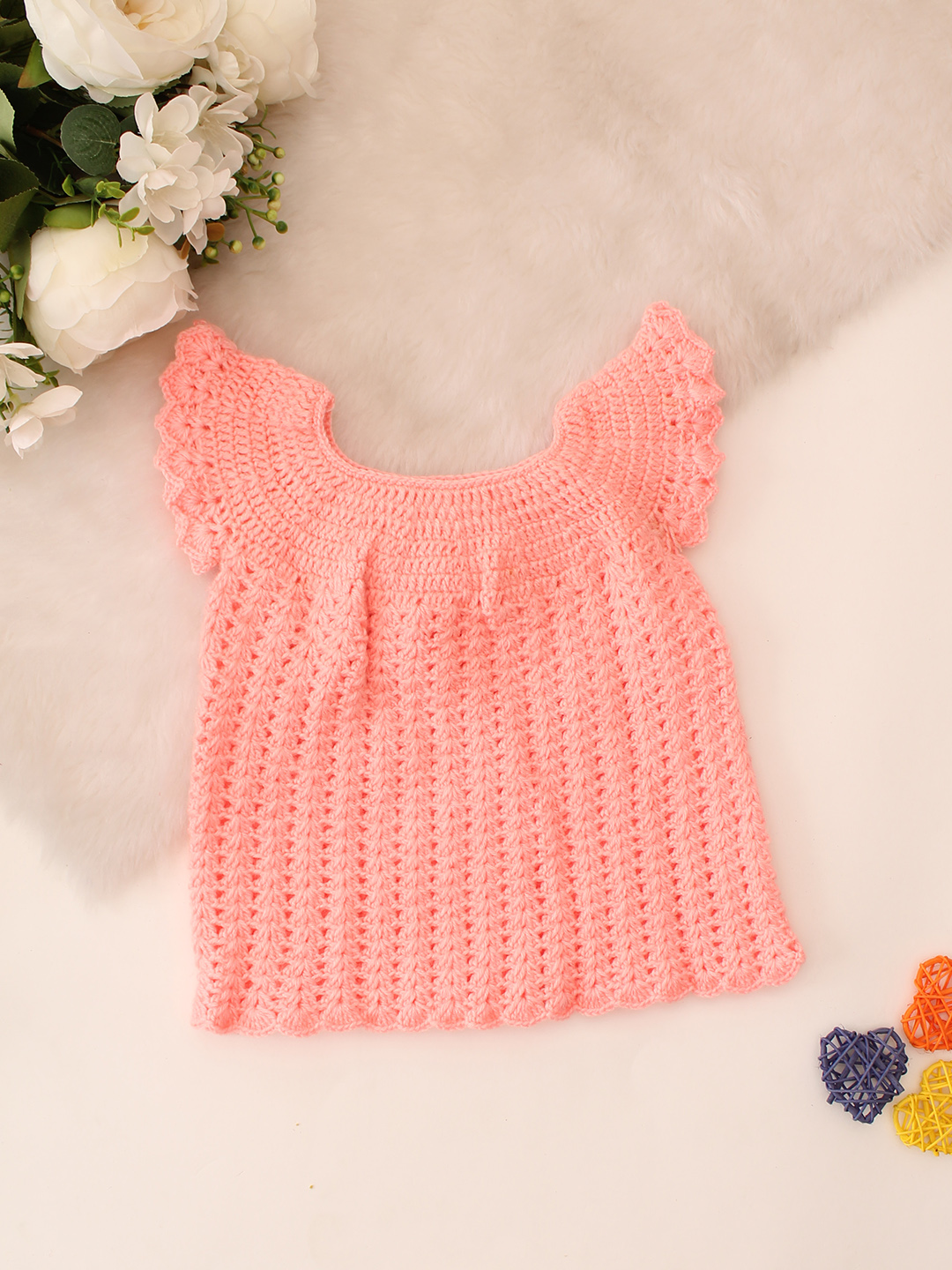 Cap Sleeves Floral Crochet Dress - Peach