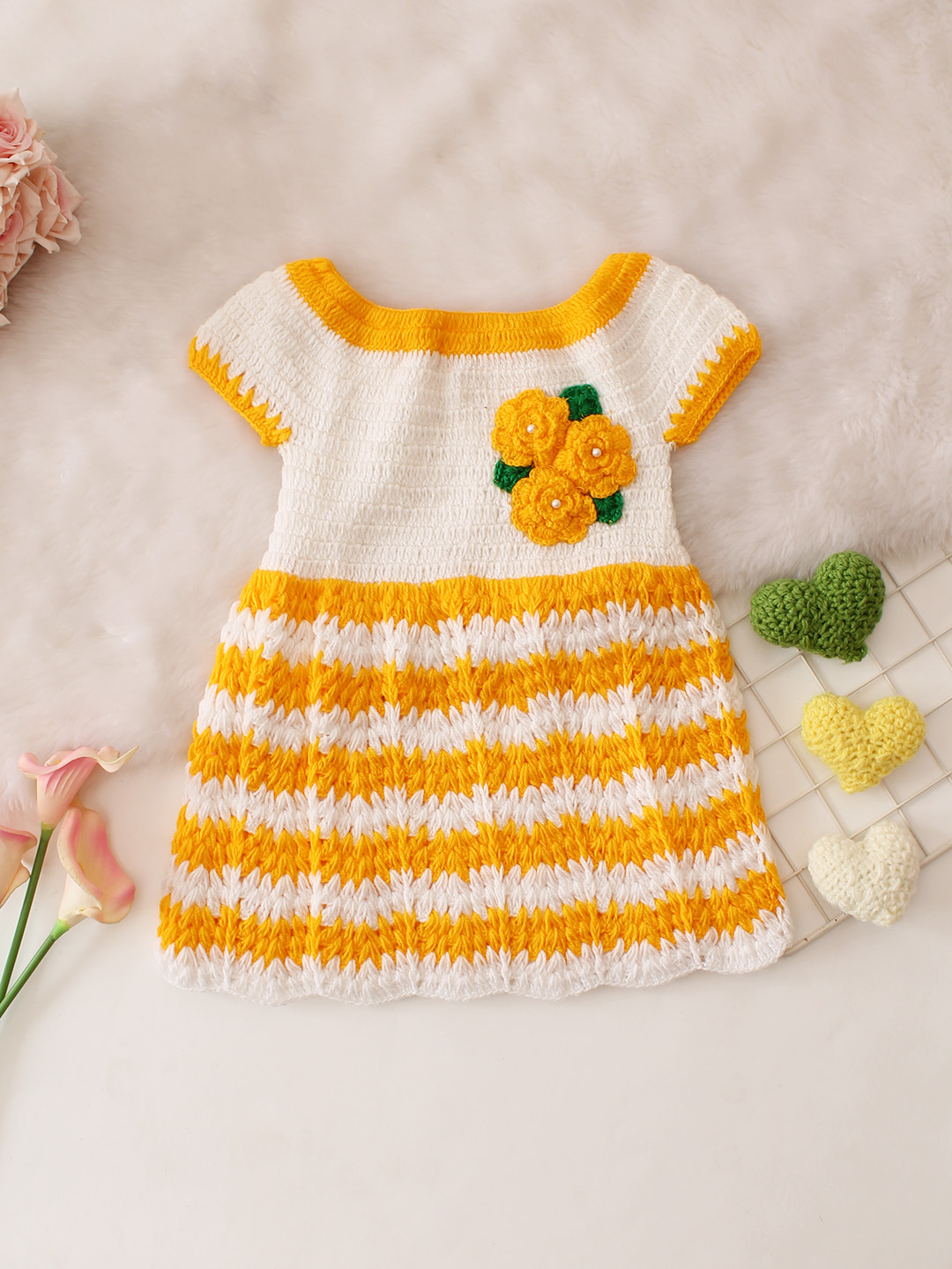 Sleeveless Floral Crochet Striped Dress - Yellow